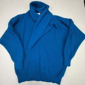 Vintage Jordan Blue Chunky Ribbed Shawl Collar V-Neck Knit Sweater Large